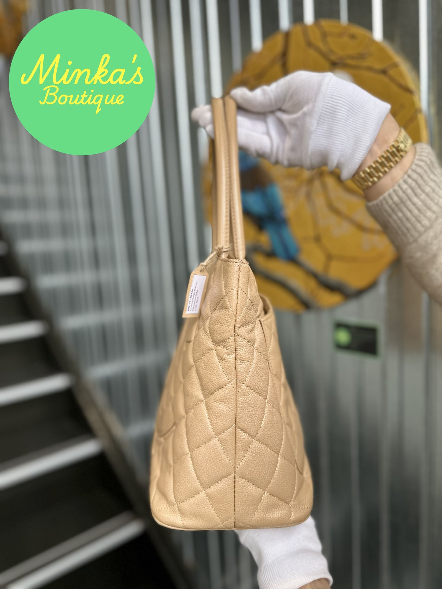 Chanel Beige Caviar Medallion Tote