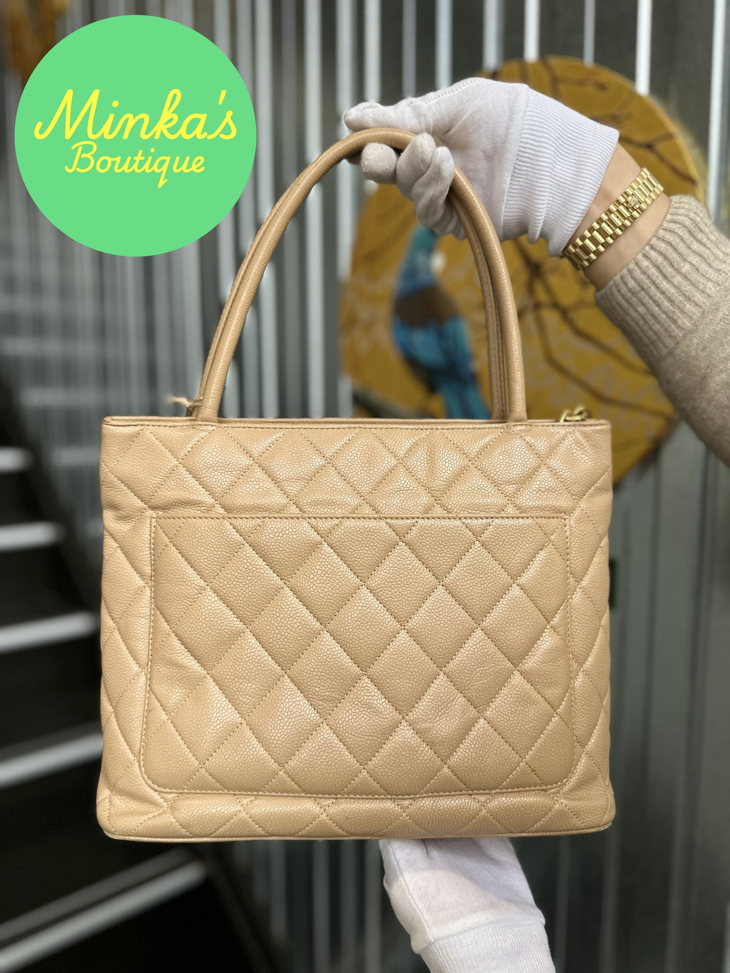 Chanel Beige Caviar Medallion Tote