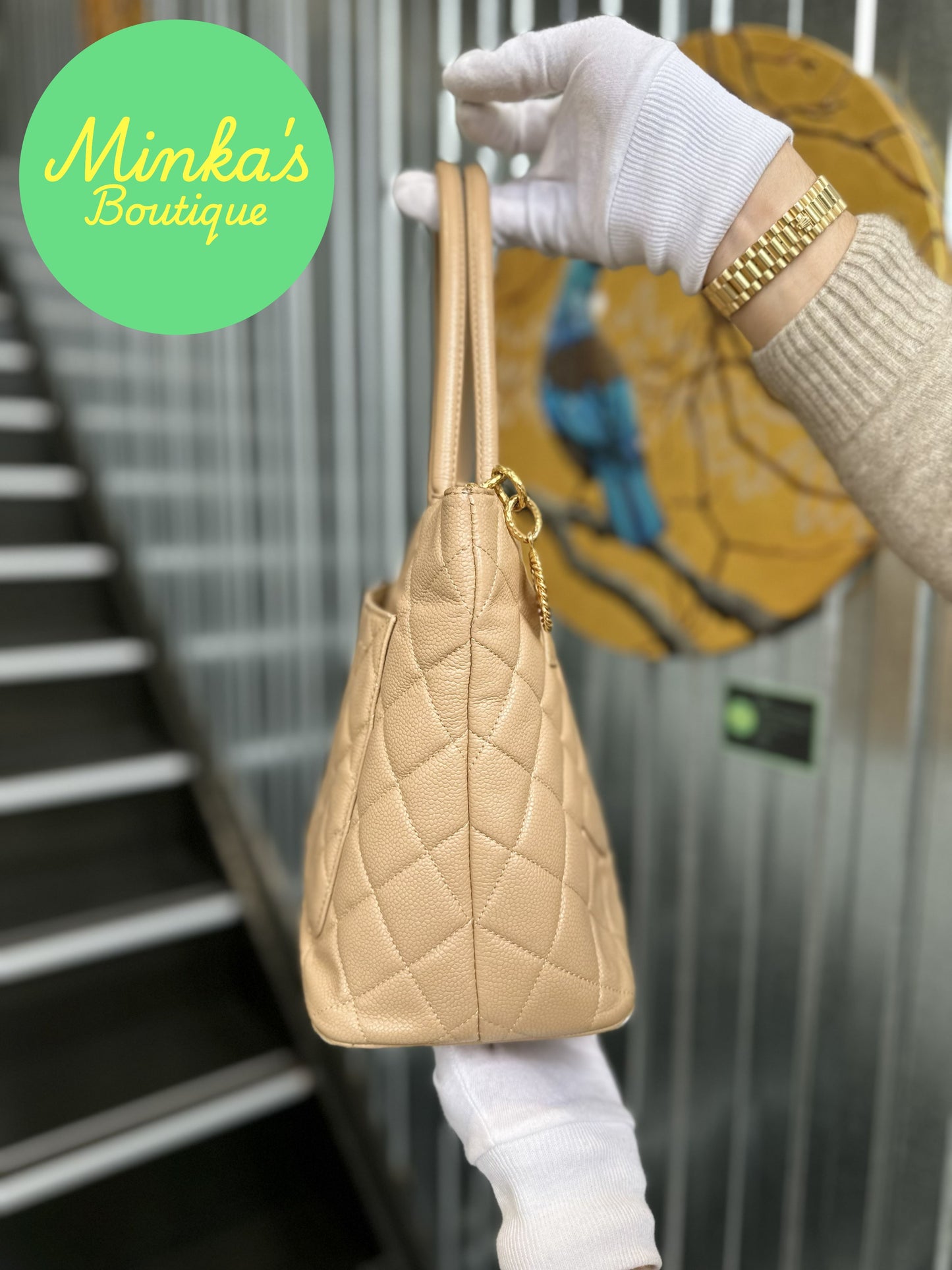 Chanel Beige Caviar Medallion Tote